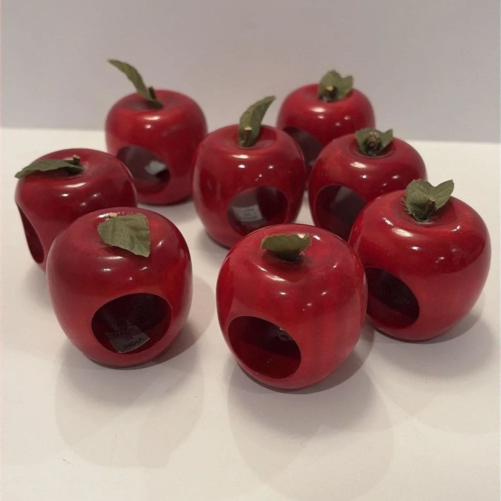 Set of 8 Wood Apple Shaped Napkin Holder Rings Made In India